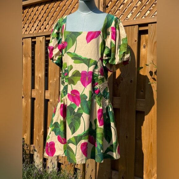 🆕 FARM Rio 🧿 NWOT Anthurium Leaves Linen Square Neck Mini Dress, Sand - Sz XL - Picture 2 of 16